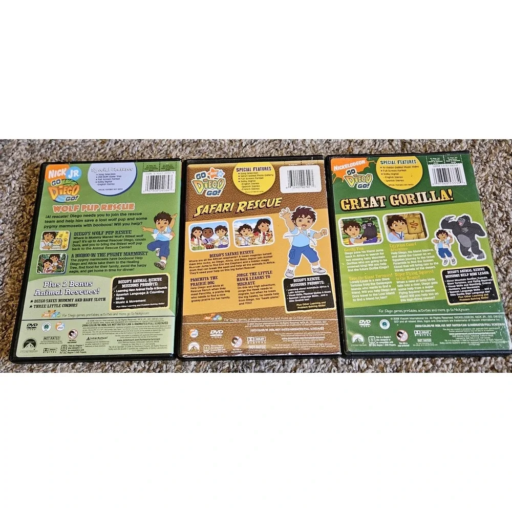 Go Diego Go DVD Lot 3 Kids Nick Jr Safari Rescue Wolf‎ Pup Rescue Great Gorilla